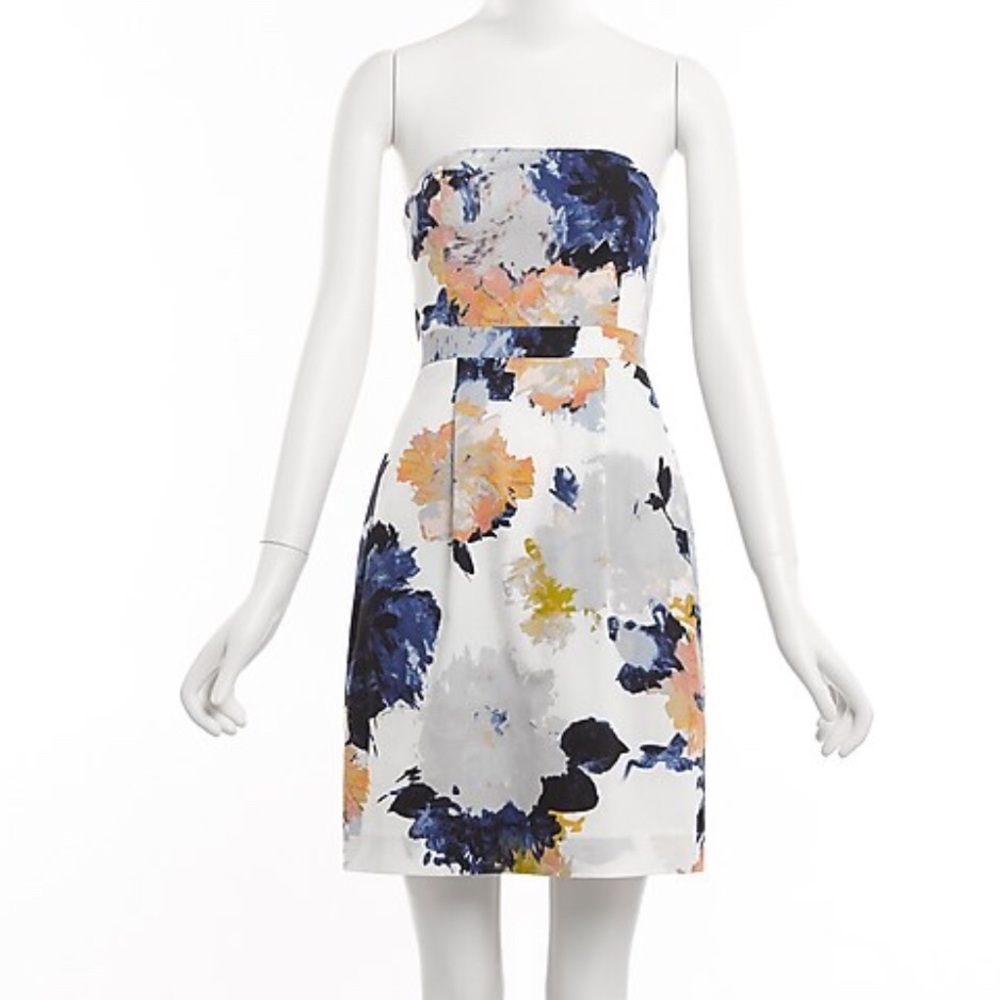 JCrew strapless, floral, pleated dress.